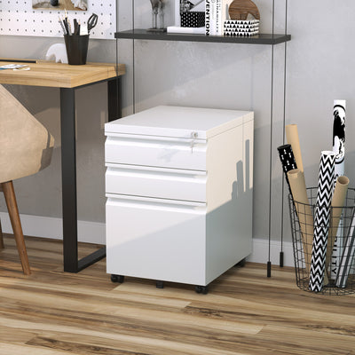 Vinsetto 3 Drawer Filling Cabinet, Mobile Metal File Cabinet with Anti-tilt Design for Letter, A4, Legal Size, White 