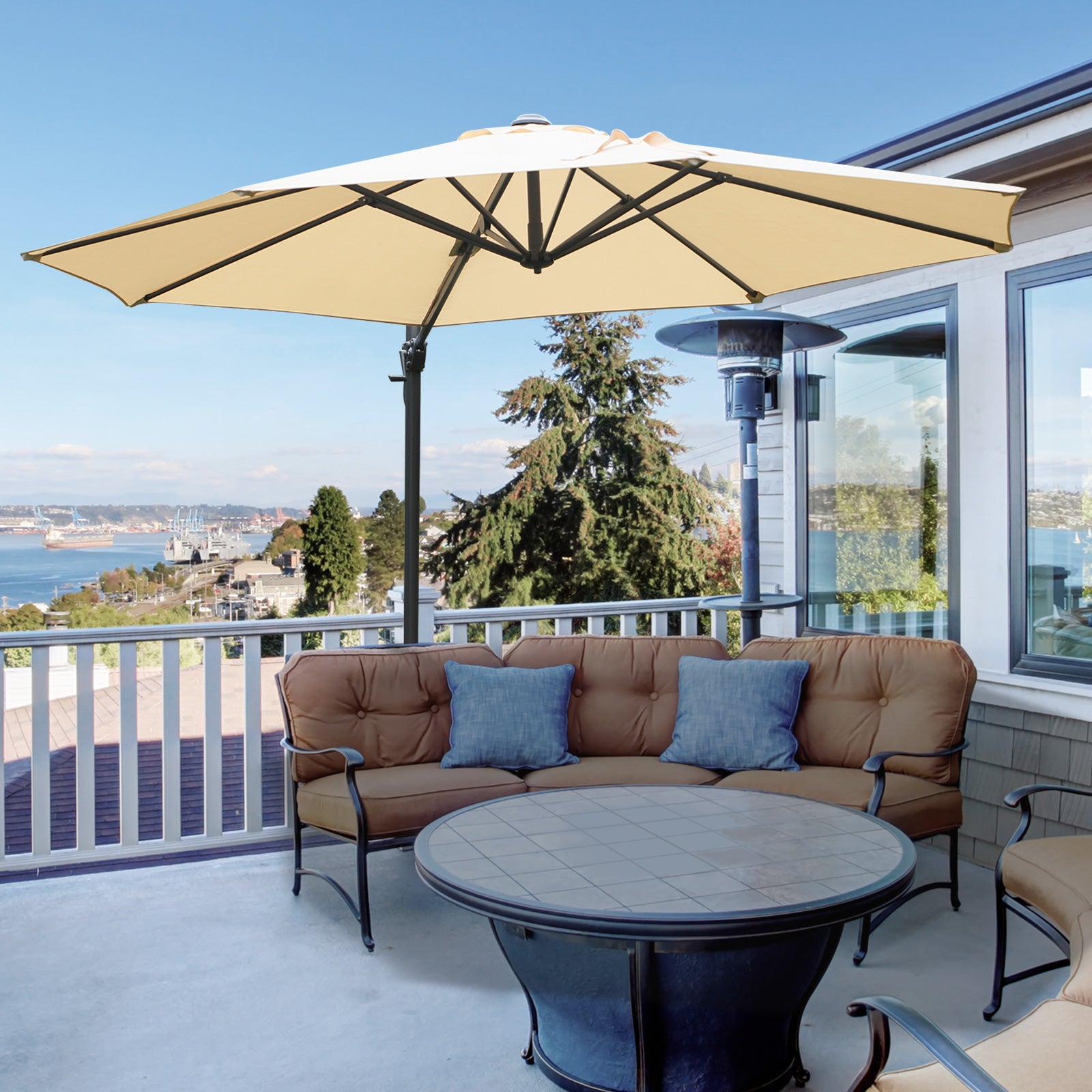 Outsunny Round Umbrella Parasol W/ Tilt 360° Rotation and Hand Crank Cross Base-Beige 