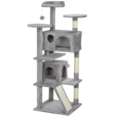 PawHut 138cm Cat Tree, Multi-Level Cat Tower with Scratching Posts and Pad, Bed, Condos, Platforms, Toy Balls, Light Grey 