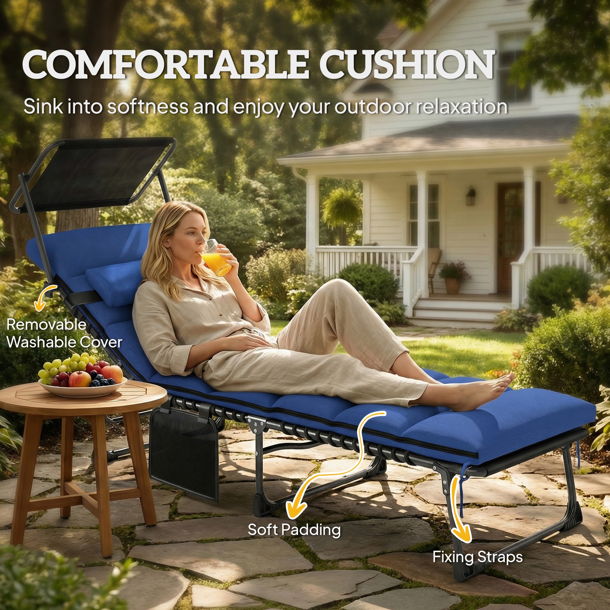 Outsunny Folding Sun Lounger with Canopy, Reclining Sunbed with Cushion, Side Pocket, Carrying Handle, Dark Blue 