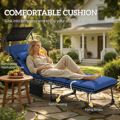 Outsunny Folding Sun Lounger with Canopy, Reclining Sunbed with Cushion, Side Pocket, Carrying Handle, Dark Blue 