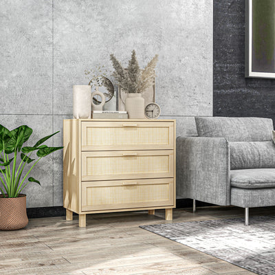 HOMCOM Rattan Bedroom Chest of Drawers, 3 Drawers Storage Unit, Boho Dresser for Living Room, Hallway, Natural 