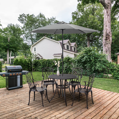 Outsunny 5 Pieces Garden Dining Set for 4, Cast Aluminium Outdoor Dining Set with 4 Armchairs and Round Dining Table with Parasol Hole, Garden Furniture Set, Brown 