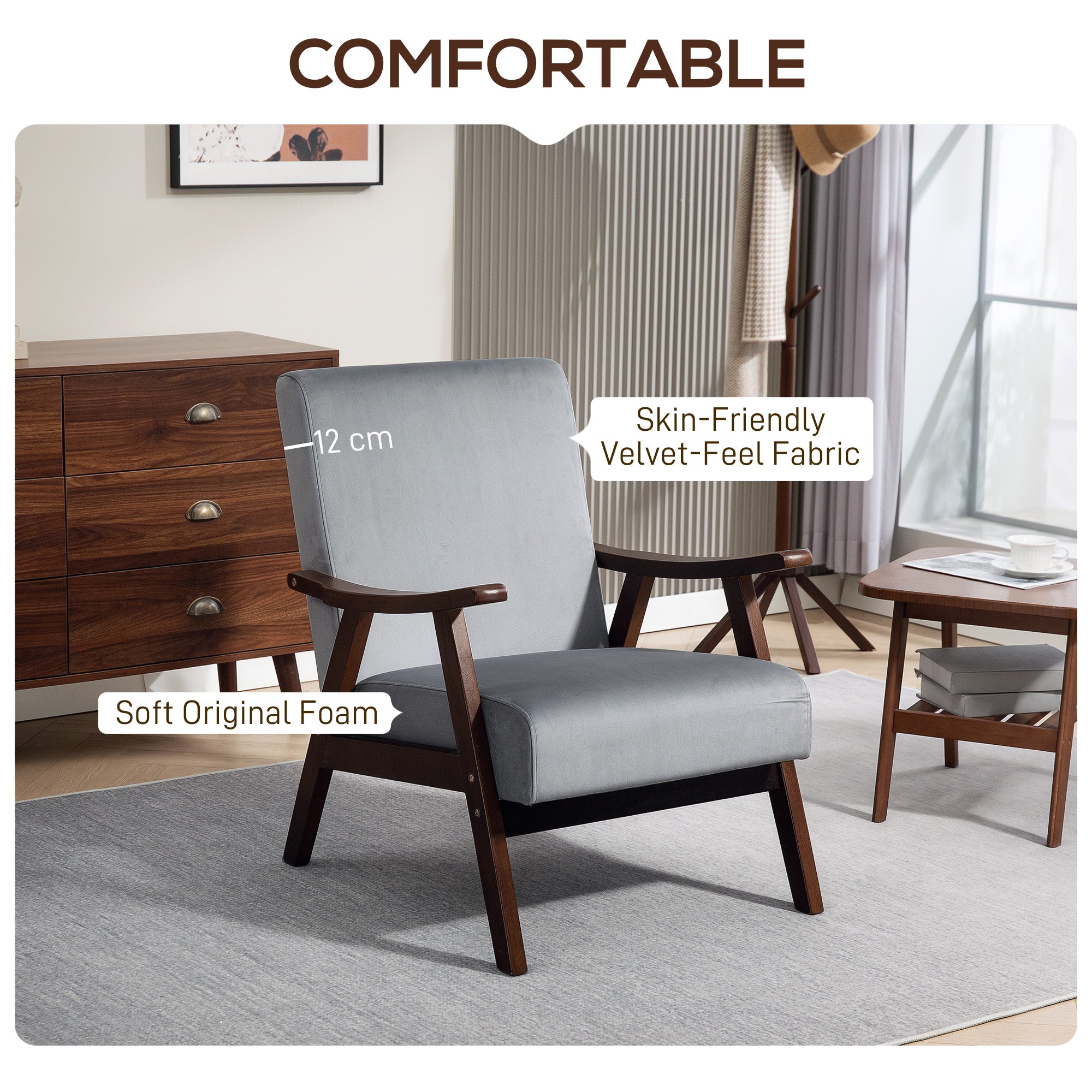 HOMCOM Nordic Accent Chair, Upholstered Velvet Armchair with Solid Wood Frame and Soft Thick Padded for Living Room, Bedroom, Grey 