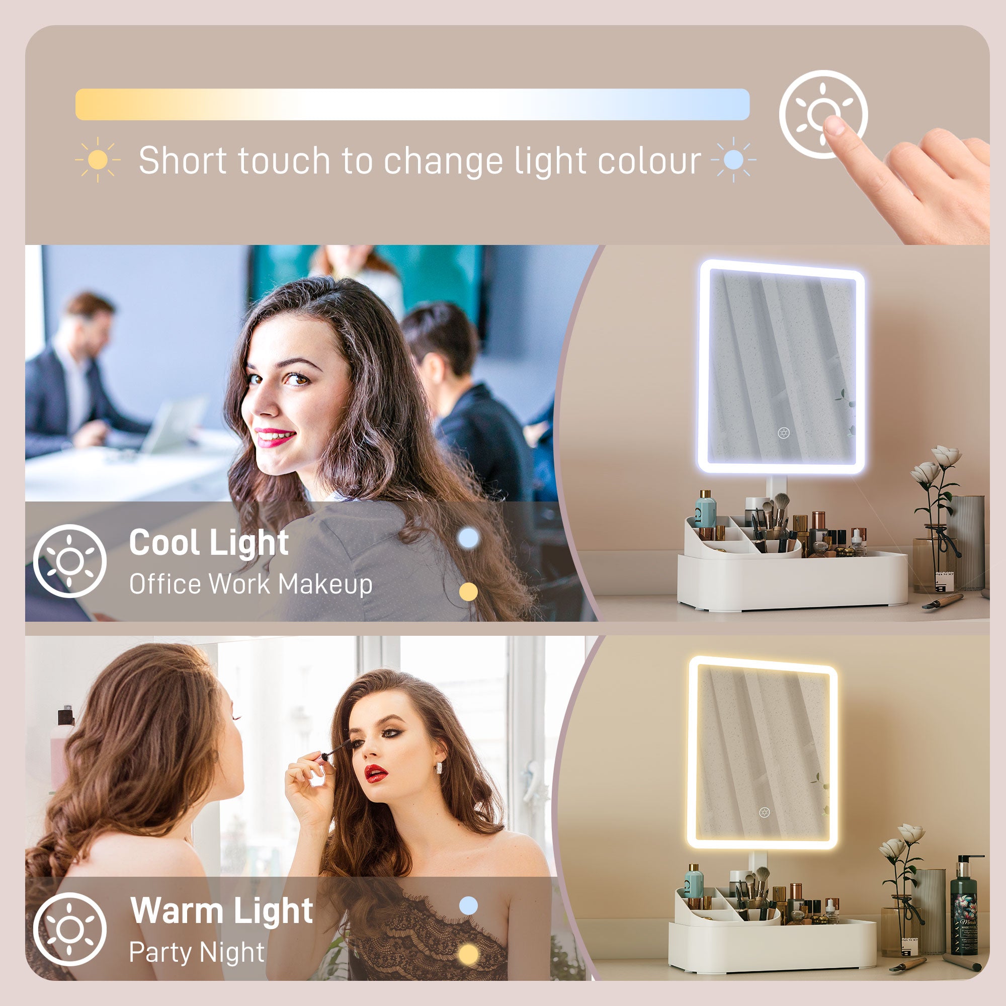 HOMCOM Makeup Mirror with Lights, Rechargeable Vanity Mirror w/ Touch Screen, 2 Lighting Modes and 180° Rotation, White 