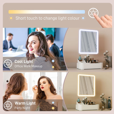 HOMCOM Makeup Mirror with Lights, Rechargeable Vanity Mirror w/ Touch Screen, 2 Lighting Modes and 180° Rotation, White 