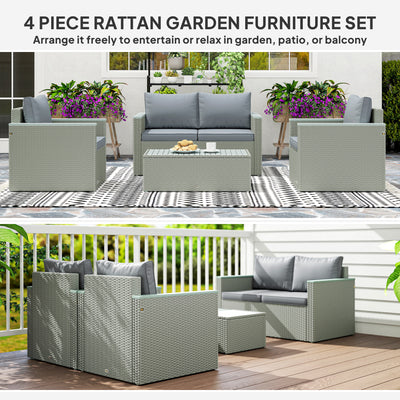 Outsunny 4 Piece Rattan Garden Furniture Set, 4 Seater Wicker Outdoor Sofa Set with 2 Armchairs, Loveseat, Acacia Wood Top Coffee Table, Cushions, Patio Conservatory Set for Balcony, Light Grey 