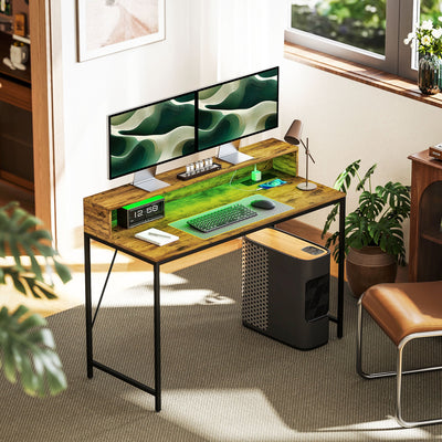 HOMCOM 120cm Computer Desk with LED Lights and Power Outlets, Gaming Desk with Monitor Stand, Computer Table with Remote for Home Office Study, Rustic Brown 