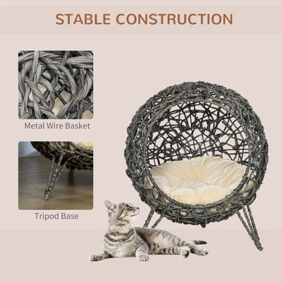 PawHut Rattan Elevated Cat Bed House Kitten Basket Ball Shaped Pet Furniture w/ Removable Cushion - Silver-Tone and Grey 