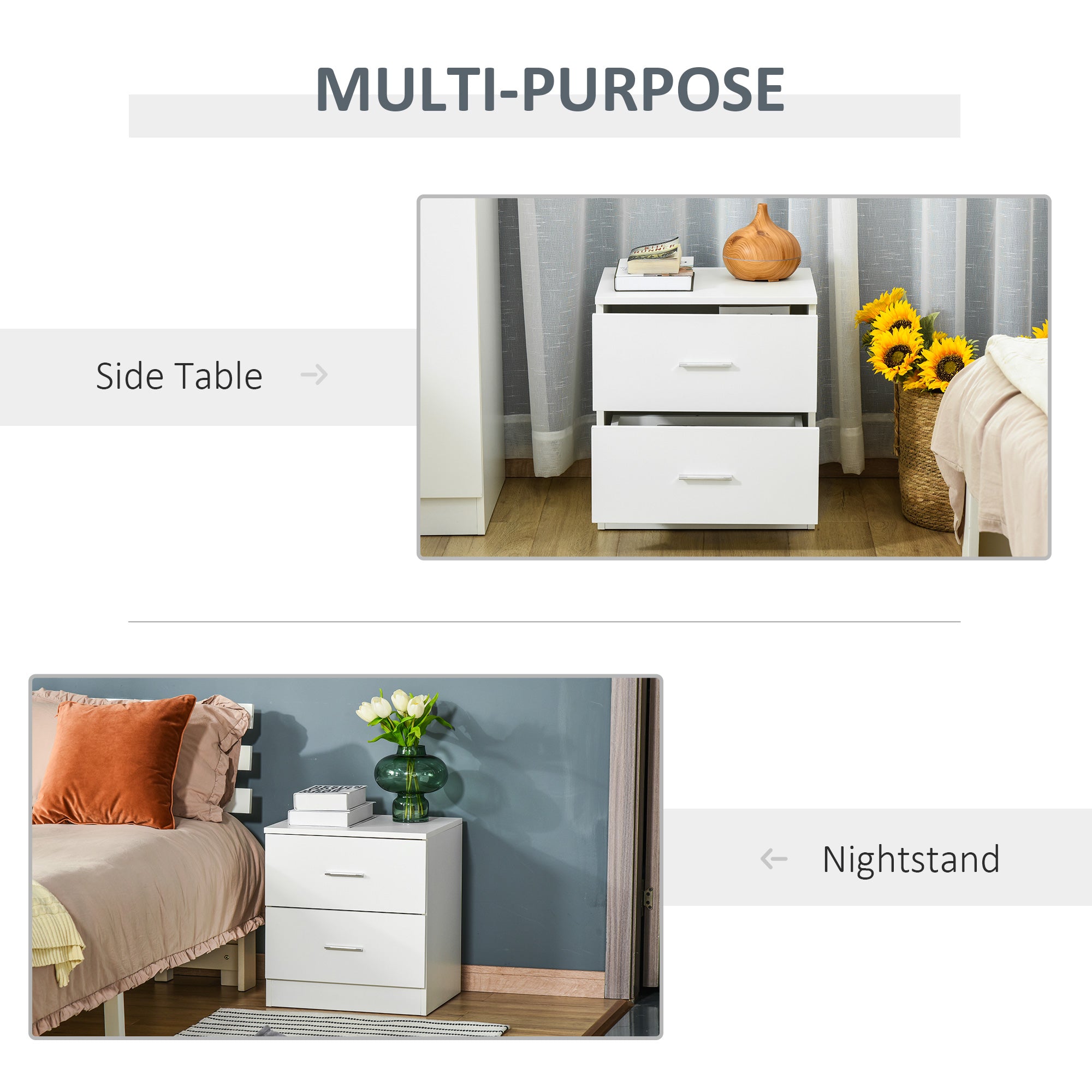 HOMCOM Bedside Table with 2 Drawers, Modern Nightstand, Cabinet Drawers Side Storage Unit for Bedroom, Living Room 