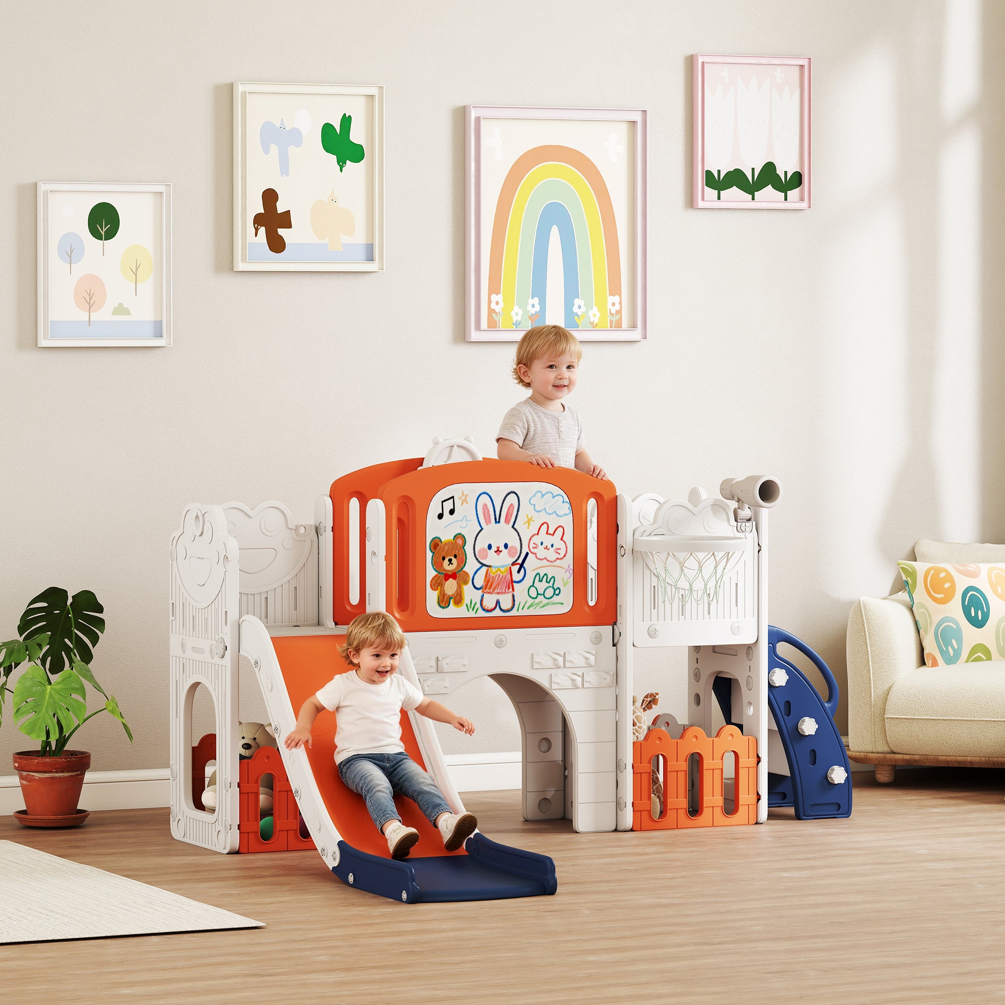 AIYAPLAY 7 in 1 Toddler Slide Set with Basketball Hoop, Climbing Frame, Telescope, Drawing Board, Storage Box, Orange 