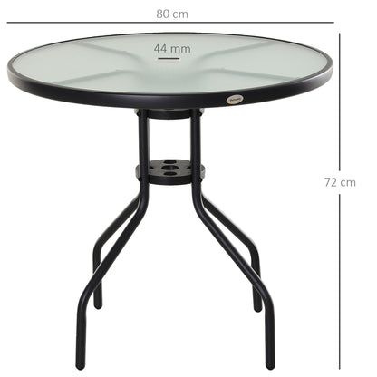 Outsunny Bistro Table Outdoor Round Dining Coffee Table with Parasol Hole, Tempered Glass Top Side Table Patio Garden - 80cm Diameter 