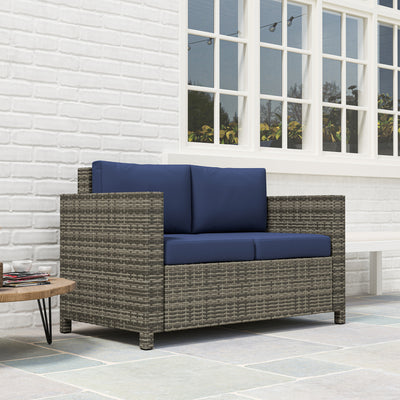 Outsunny 2 Seater Garden Furniture, Rattan Sofa with Soft Padded Cushion and Armrests, Wicker Garden Loveseat for Patio, Navy Blue 