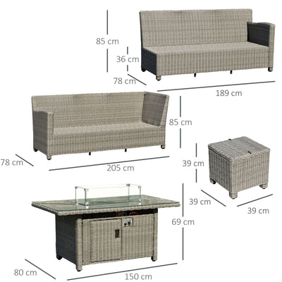 Outsunny 8-Seater Outdoor PE Rattan Sofa Set Conversation Set w/ Fire Pit Table, L-Shape Sofa, Footstool and Furniture Cover 