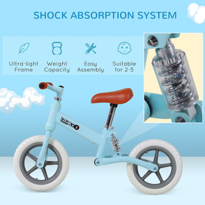 HOMCOM 12" Kids Balance Bike No Pedal Bicycle EVA Tire Adjustable Seat Toddler Training Bike W/ Shock Absorber 2 - 5 Years Gift for Boys Girls Blue 