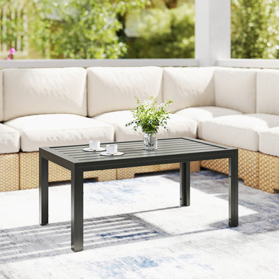 Outsunny Outdoor Side Table, Rectangular Patio Coffee Side Table with Steel Frame and Slat Tabletop for Garden, Balcony, Grey 