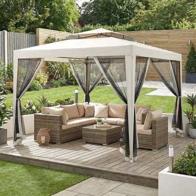 Outsunny 3 x 3 m Gazebo, Netting Party Tent, Patio Canopy Outdoor Event Shelter with Double Tier Roof, Cream White 