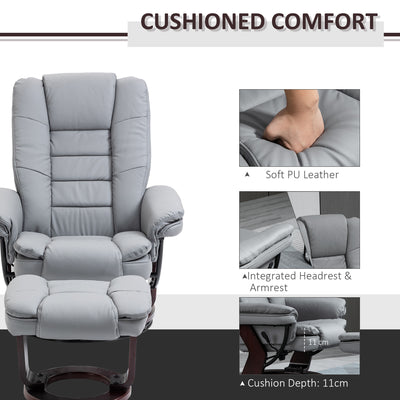 HOMCOM Manual Recliner and Footrest Set PU Leather Leisure Lounge Chair Armchair with Swivel Wood Base, Grey 
