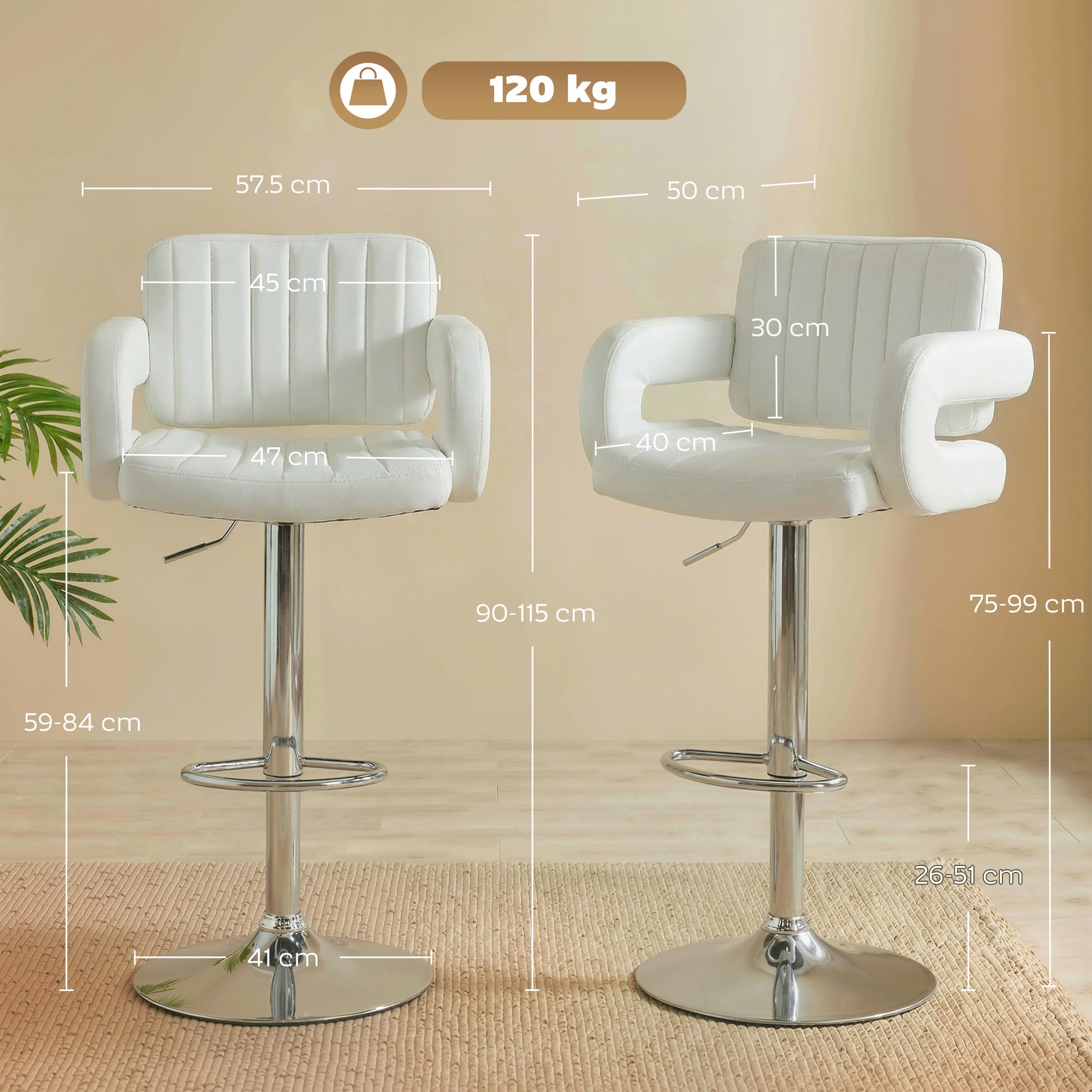 HOMCOM Bar Stools Adjustable Swivel Kitchen Chairs with Backrest Armrest Set of 2 PU Leather White 
