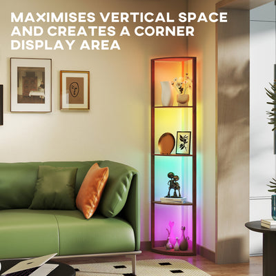 HOMCOM RGB LED Floor Lamp with Shelves, 5-Tier Dimmable Standing Lamp with Adjustable Brightness and Remote Control, Modern Corner Display Shelf Unit for Living Room Bedroom Office, Brown 