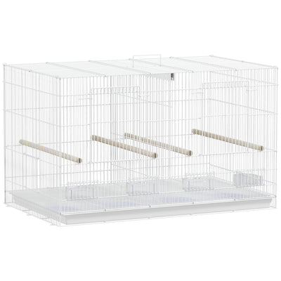 PawHut Bird Cage with Divider, 4 Wooden Perches, Slide Out Tray, 4 Feeders, for Budgie, Lovebird, Canary, 76 x 46 x 46cm, White 