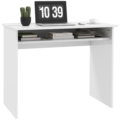 HOMCOM 90 x 50cm Computer Table, Modern Home Office Desk, Small Writing Desk with Storage Shelf, High Gloss White 