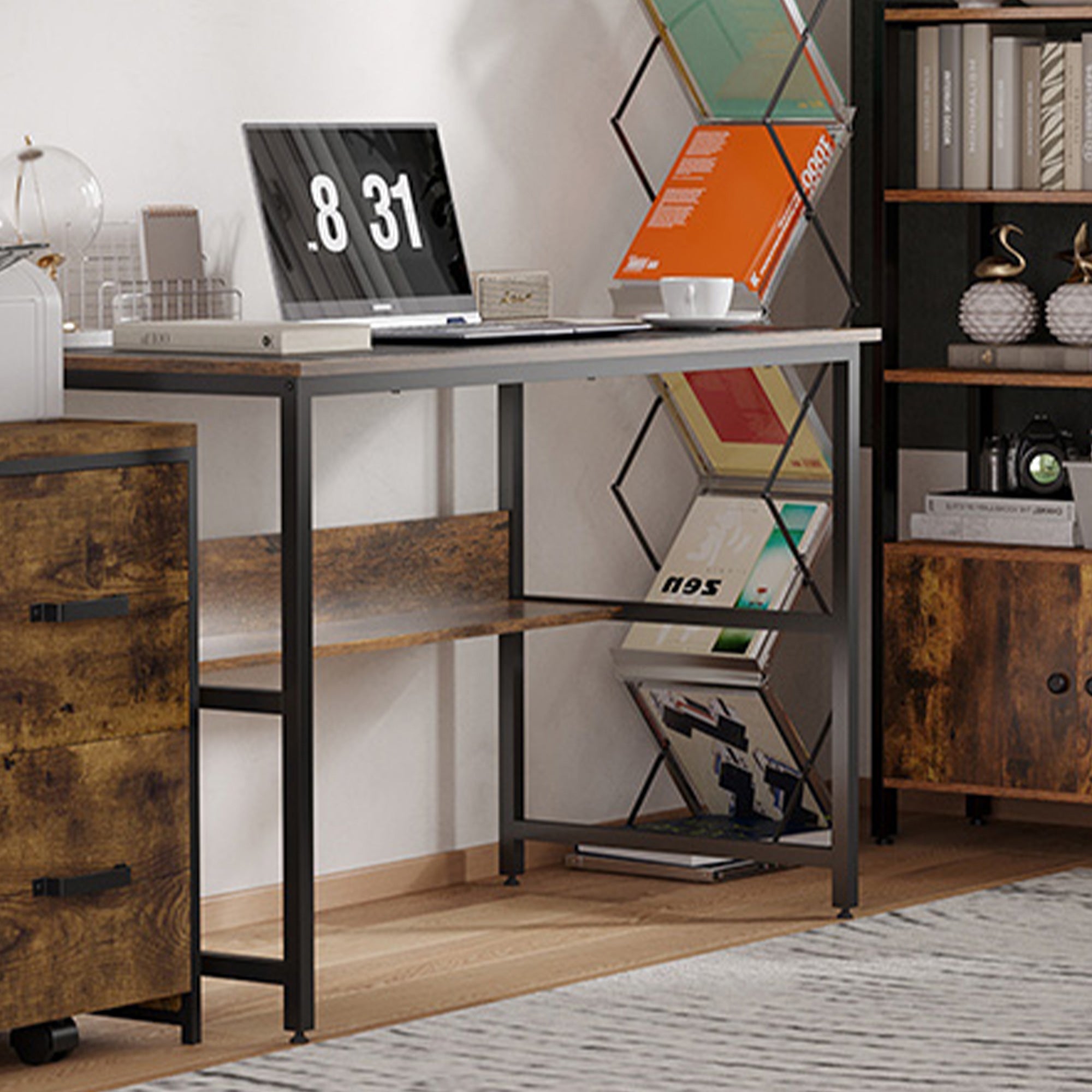 HOMCOM Computer Desk with Storage Shelf, 120 x 60cm Home Office Desk with Metal Frame, Study Table, Easy Assembly, Rustic Brown 