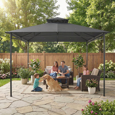 Outsunny 3 x 3 m Gazebo, Garden Gazebo with 2-Tier Roof, Metal Frame, Dark Grey 