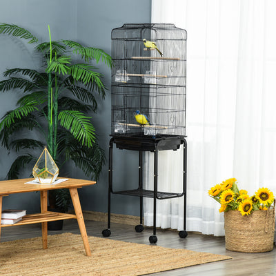 PawHut Bird Cage Budgie Cages for Finch Canary Parakeet with Stand Wheels Slide-out Tray Accessories Storage Shelf, Black 46.5 x 36 x 157 cm 