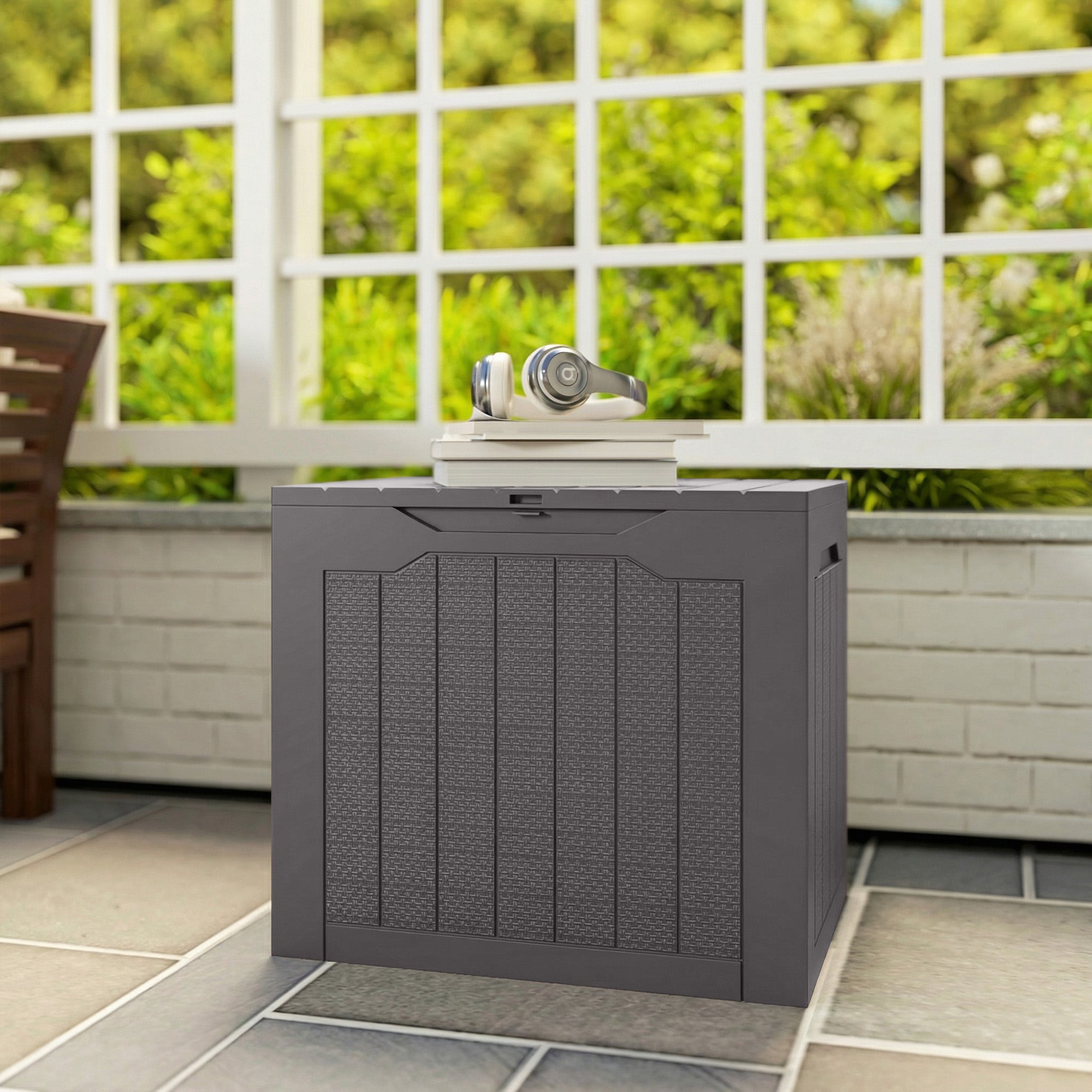 Outsunny 93L Plastic Garden Storage Box, Outdoor Storage Box with Handles, Waterproof Outdoor Storage Container, Brown 