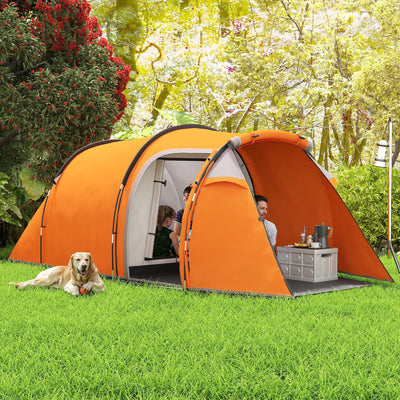 Outsunny 2-3 Man Tunnel Tents w/ Vestibule Camping Tent Porch Air Vents Weather-Resistant Shelter, Orange 