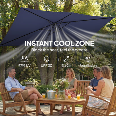 Outsunny 3 x 2 m Garden Parasol Umbrella with LED Solar Light, Parasol Cover, Outdoor Market Patio Umbrella, Navy Blue 