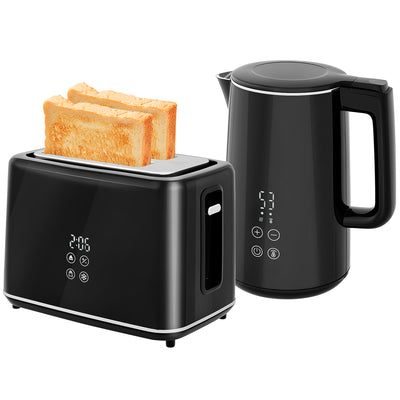 HOMCOM Kettle and Toaster Set, 1.5L 3000W Fast Boil Kettle with Insulation & 2 Slice Toaster Kitchen Set with 7 Level Browning Controls, Defrost, Reheat and Crumb Tray, Black 