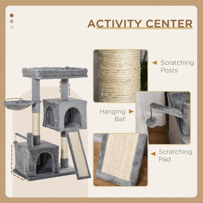 PawHut Cat Tree Tower for Indoor Cats, 111cm Kitten Activity Centre with Scratching Post Pad Hammock Condo Bed Ball Toy, Grey 