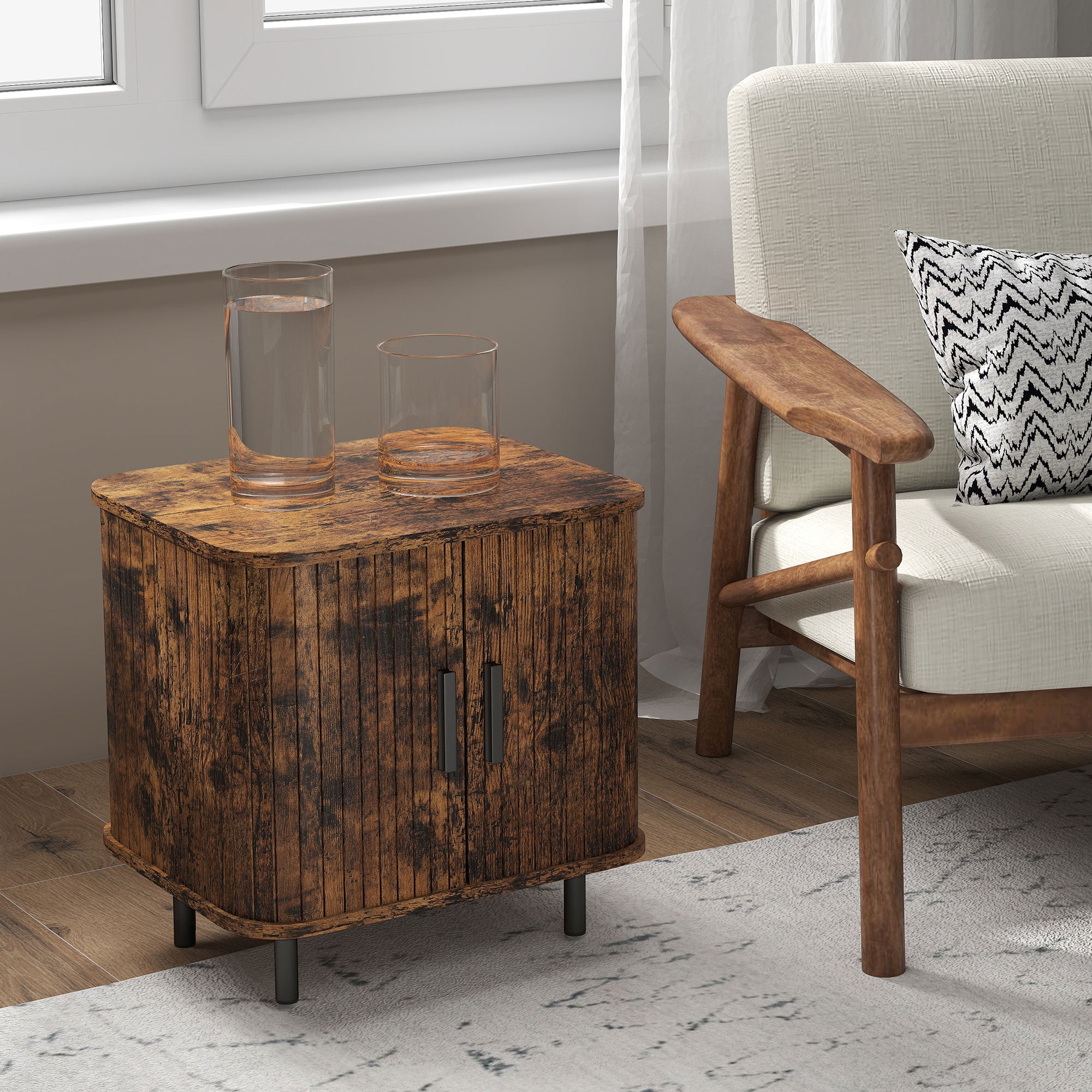 HOMCOM Bedside Table, Nordic Side Table with Roller Shutter Style Sliding Doors and Metal Legs for Bedroom, Living Room, Rustic Brown