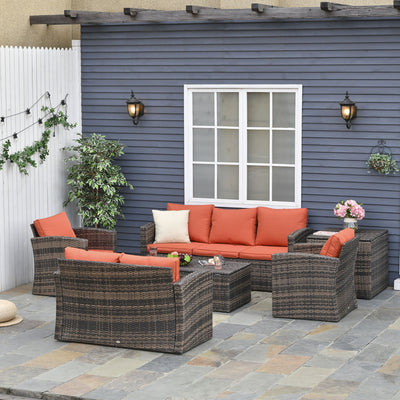 Outsunny 6 Pieces Rattan Garden Furniture Set, 7 Seater Wicker Outdoor Furniture Set with Storage Tea Table & Side Table, Sectional Garden Sofa Set with Cushions, Orange 