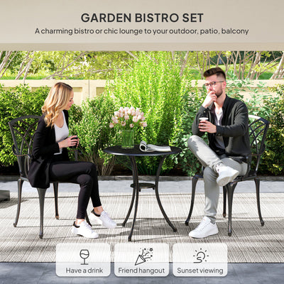 Outsunny 3 Pieces Garden Dining Set for 2, Cast Aluminium Outdoor Dining Set with 2 Armchairs and Round Dining Table with Parasol Hole, Garden Furniture Set, Bronze Tone 