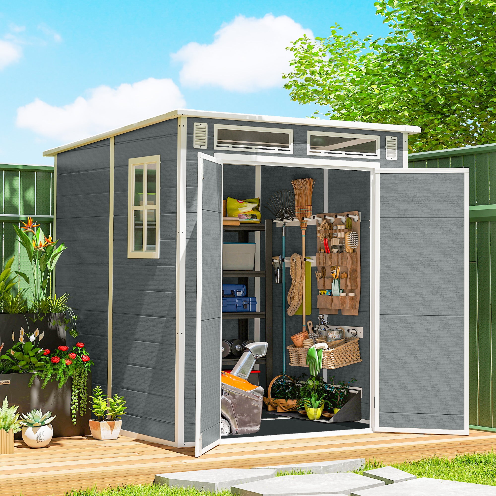 Outsunny 6 x 6 ft Plastic Garden Shed, Wood-Effect Outdoor Storage Shed with Floor, Windows, Lockable Doors and Vents, Grey 
