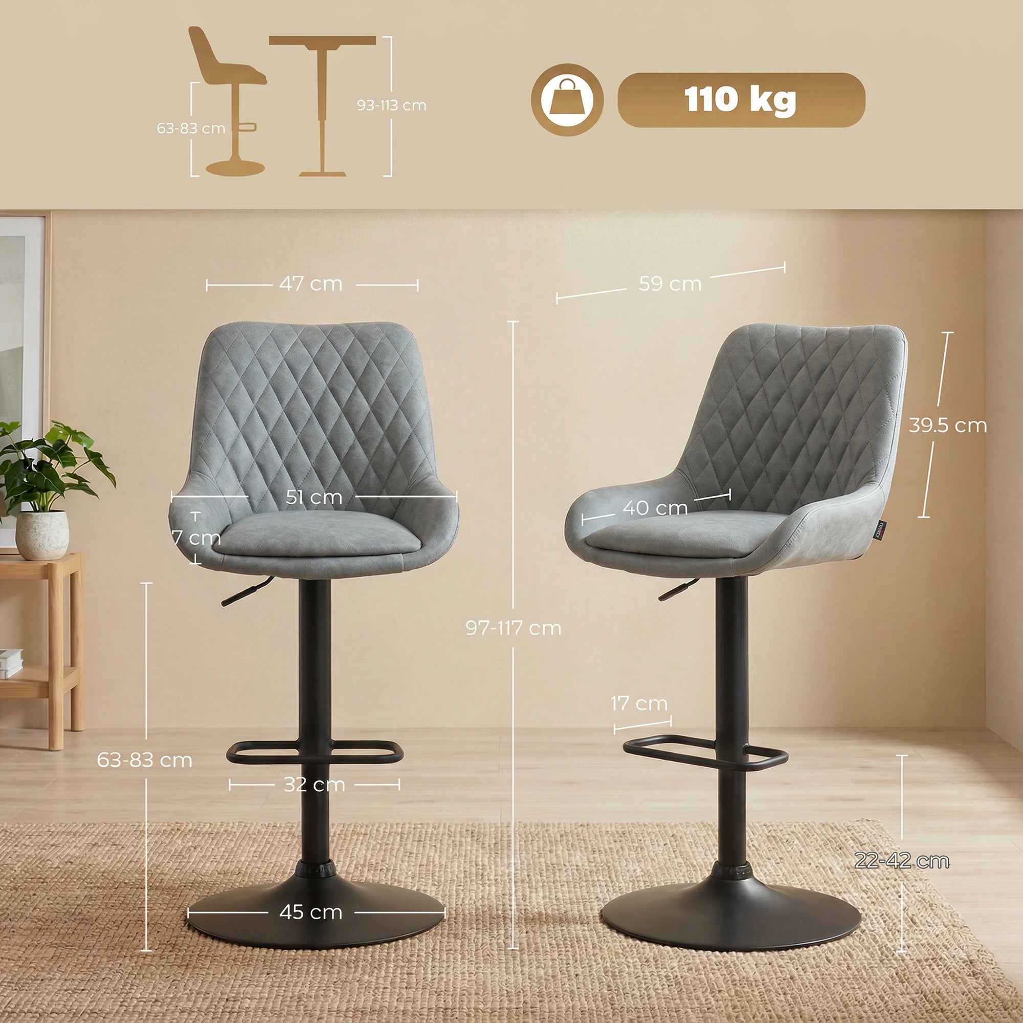 HOMCOM Set of Two Faux Leather Retro Bar Stools - Light Grey 