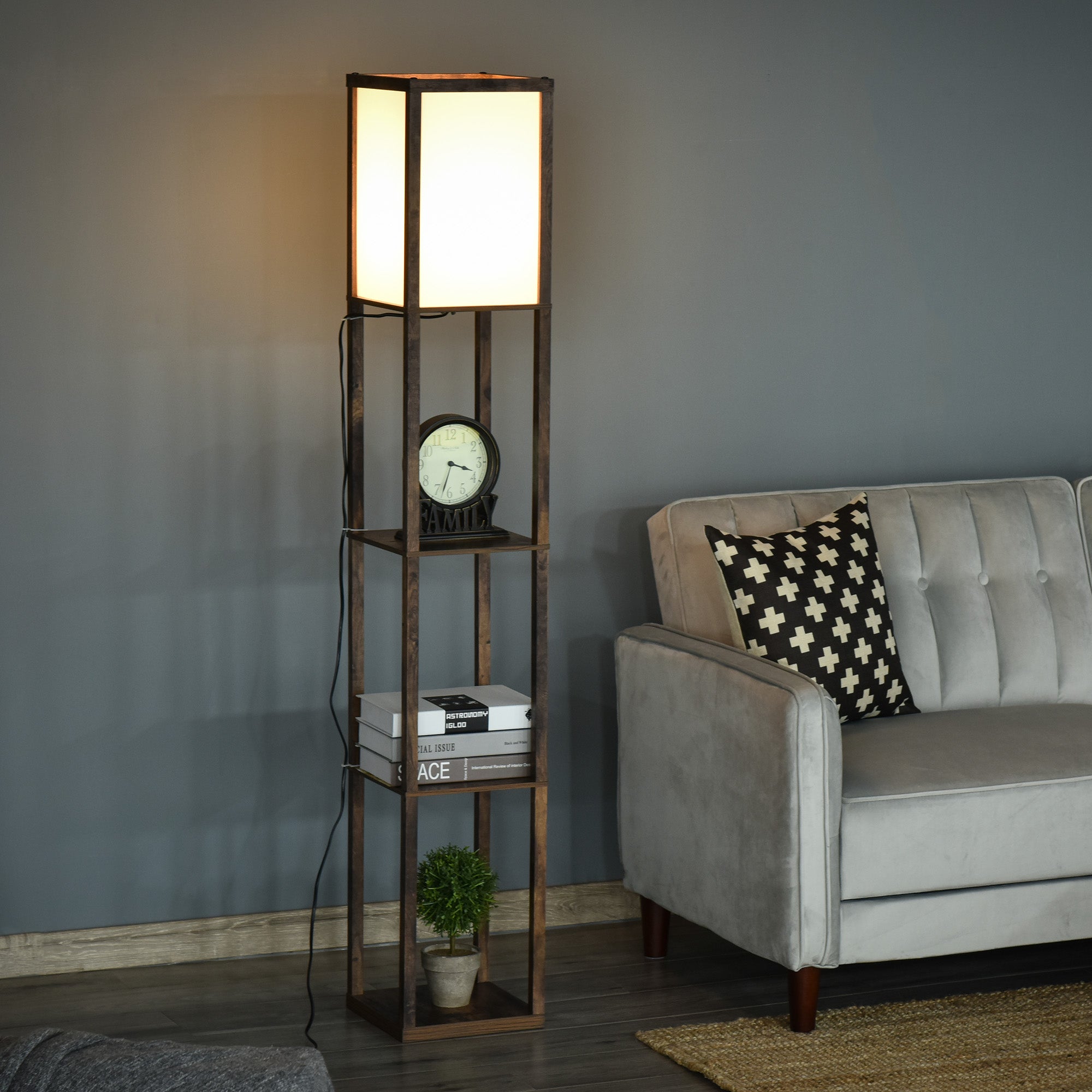HOMCOM 3-Tier Floor Lamp, Floor Light with Storage Shelf, Reading Standing Lamp with Acrylic Shade for Living Room, Bedroom, Kitchen, Dining Room, Office, Dorm, 160cm, Brown 