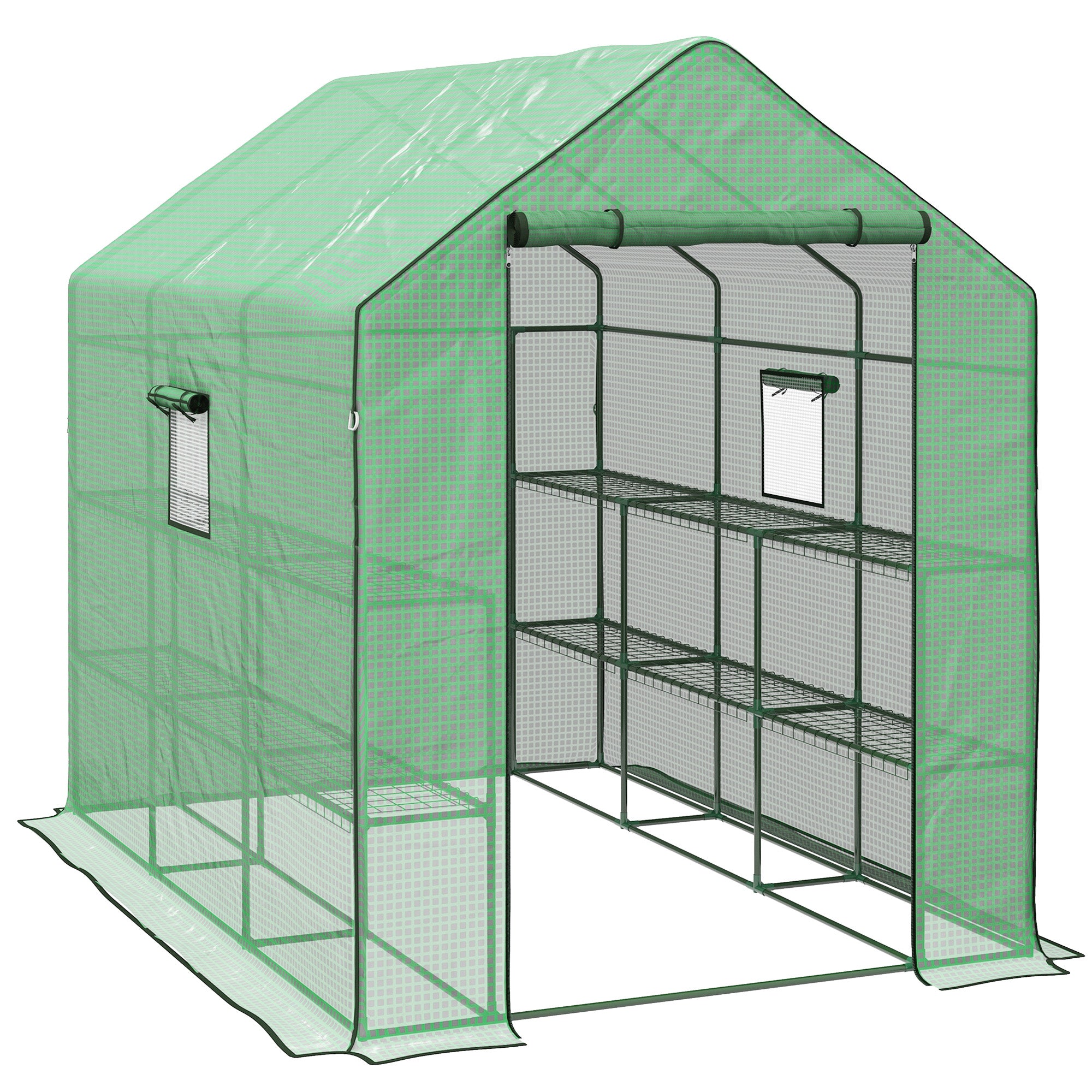 Outsunny Walk-in Greenhouse with 3 Tier 12 Shelves, Small Greenhouse with Reinforced PE Cover, Garden Plant Growhouse with Roll-up Door and Three Mesh Windows, 140 x 213 x 190 cm, Green 
