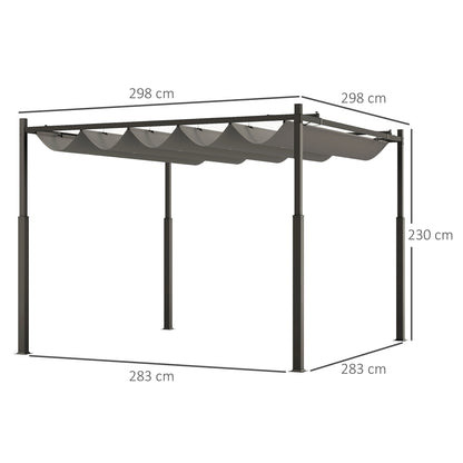 Outsunny 3 x 3(m) Garden Pergola with Retractable Roof and Magnetic Fixture, Outdoor Gazebo Pergola Kit Sun Shade Canopy, UPF30+, 80mm Metal Column, Grey