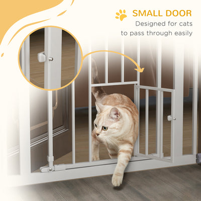 PawHut Extra Tall Pet Gate, Indoor Dog Safety Gate, with Cat Flap, Auto Close, 74-80cm Wide - White 
