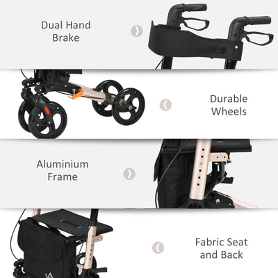 HOMCOM 4 Wheel Rollator with Seat and Back, Folding Mobility Walker with Carry Bag, Adjustable Height, Dual Brakes, Cane Holder, Lightweight Aluminium Walking Frame for Seniors and Disabled, Gold Tone 