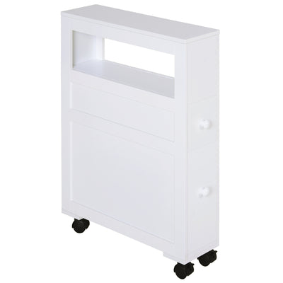 HOMCOM 72x16cm Narrow Bathroom Storage Unit w/ 2 Drawers Open Top 4 Wheels Slimline Modern Rolling Home Organisation 
