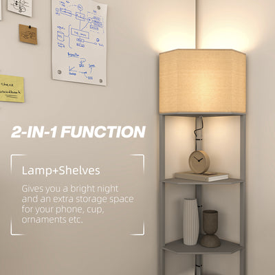 HOMCOM Corner Floor Lamp with Shelves, Tall Standing Lamps for Living Room, with Pull Chain Switch Bulb not Included, Grey 