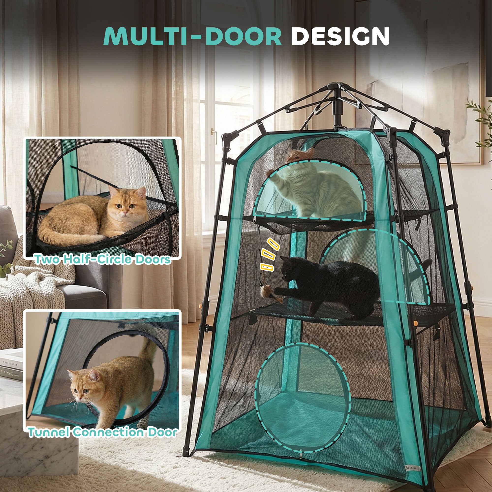PawHut Cat Tent, 3-Tier Portable Pet Tent for Indoor Outdoor, Cat House with Multi-Door, Carry Bag, Breathable Mesh 