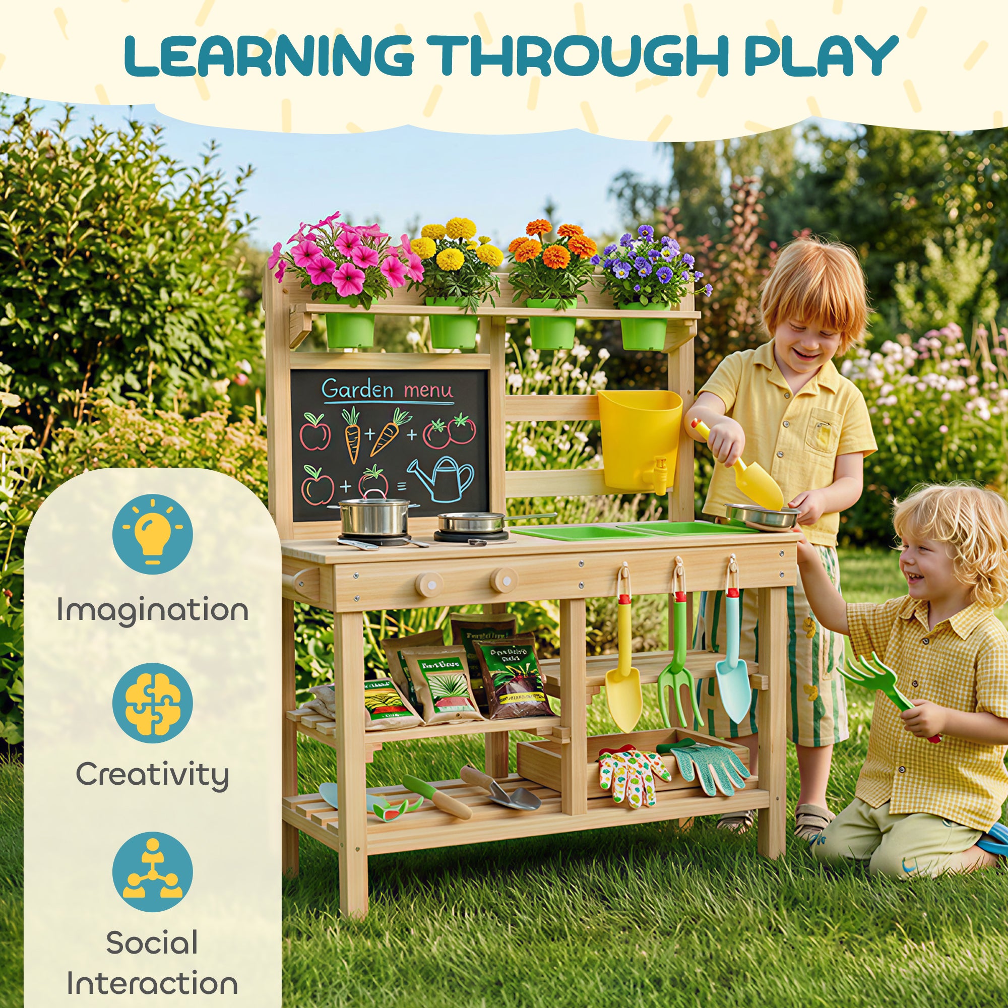 AIYAPLAY Kids Mud Kitchen, Outdoor Wooden Play Kitchen with Kitchenware & Garden Tools, Pretend Play Outdoor Toys, Natural 