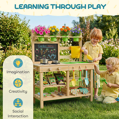 AIYAPLAY Kids Mud Kitchen, Outdoor Wooden Play Kitchen with Kitchenware & Garden Tools, Pretend Play Outdoor Toys, Natural 