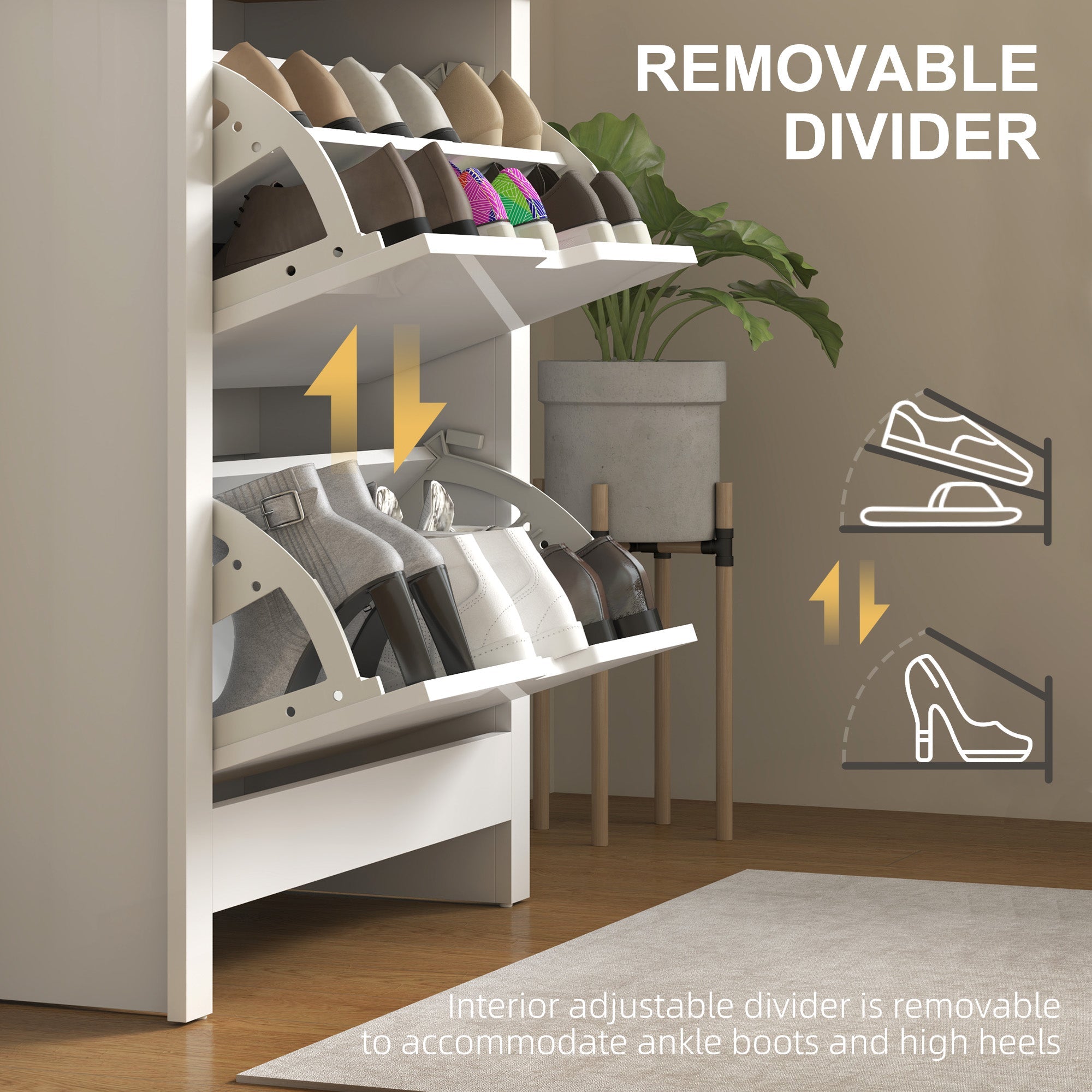 HOMCOM Slim Shoe Cabinet, Narrow Shoe Cupboard with 2 Flip Drawers, Adjustable Shelves for 12 Pairs of Shoes, High Gloss White 